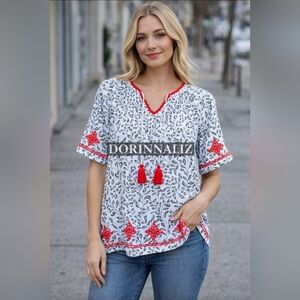 Embroidered White and Red Women's Top